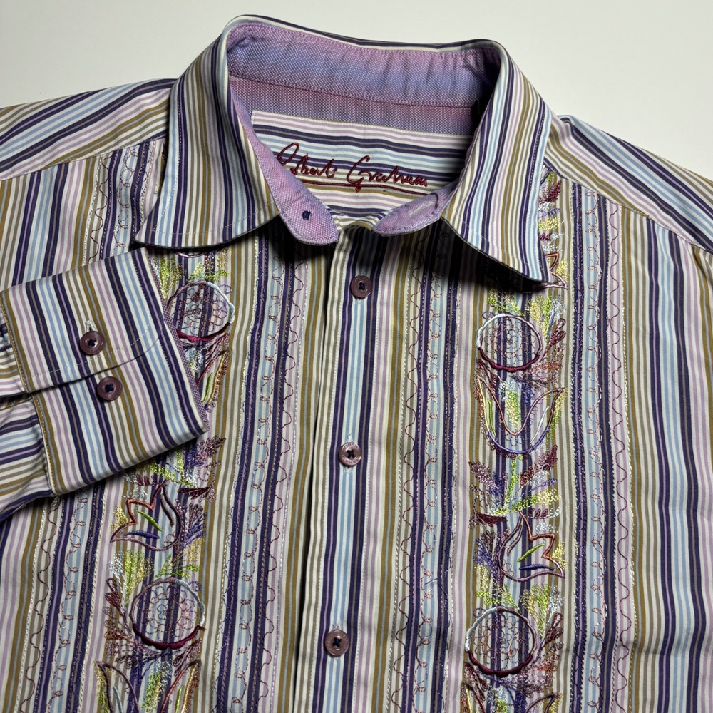 Robert Graham Striped‎ Embroidered Multi Color Long Sleeve Button Down Shirt